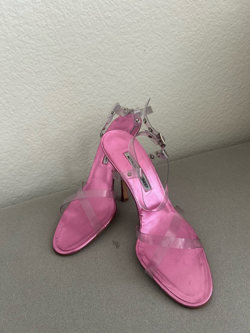 Vintage hot pink Manolo blahnik heels with clear straps